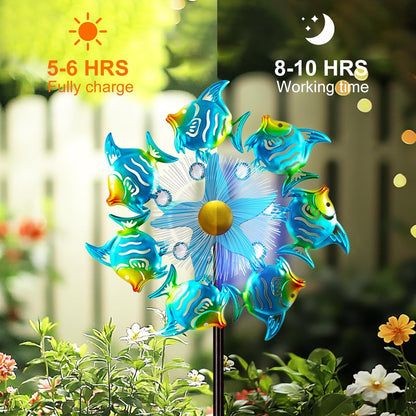 Solar Wind Spinners Outdoor, 51" Waterproof Metal Stake Tropical Fish Sculpture with 7 Color LED Lights 360° Rotating Kinetic Solar Windmill for Yard Garden Lawn Patio Decor