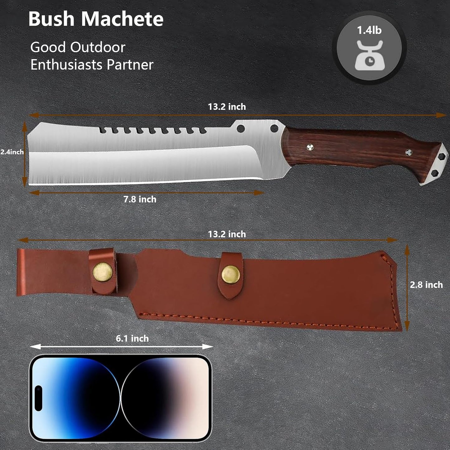 Machete w Sheath for Yard Work, 15'' Full Tang Camping Machete for Cutting Trees Heavy Duty, Survival Machetes, 0.22’’ Thick 5CR15MOV Stainless Steel Blade Spine & Wood Handle, Clearing Brush and Gardening