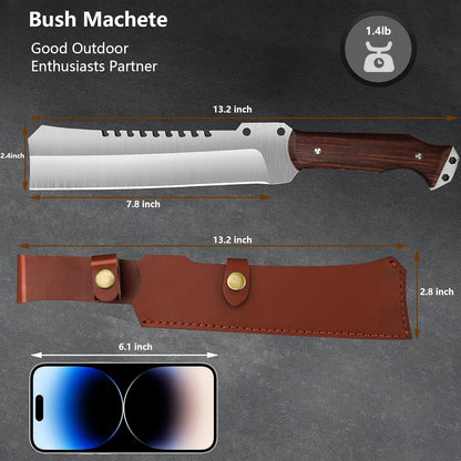 Machete w Sheath for Yard Work, 15'' Full Tang Camping Machete for Cutting Trees Heavy Duty, Survival Machetes, 0.22’’ Thick 5CR15MOV Stainless Steel Blade Spine & Wood Handle, Clearing Brush and Gardening