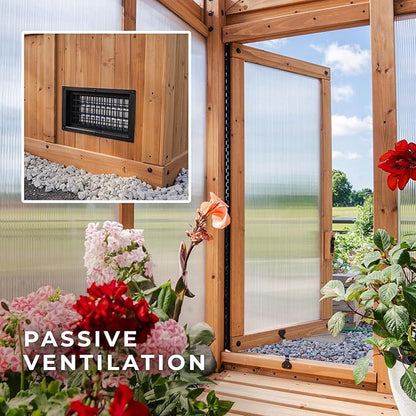 Backyard Discovery Bellerose XL 13' x 11' Cedar Wood and Polycarbonate Walk-in Greenhouse Kit with Pergola, Exhaust Fan, Windows, Hose Hook-Ups, PowerPort, Staging Shelves for Outdoor Gardening