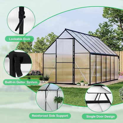 Greenhouse 6x4 FT Aluminum-Framed Heavy Duty Polycarbonate with Quick Setup Structure and Roof Vent Large Enhanced Outdoors Green House Kit