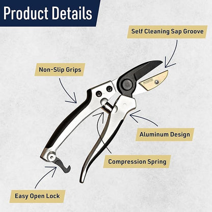 Anvil Pruning Shears for Gardening - 7.75” Heavy Duty Branch Cutter Garden Shears with Rubber Grips for Dry Stems or Small Wood Branches - Hand Pruners for Gardening Tools by Kings County Tools
