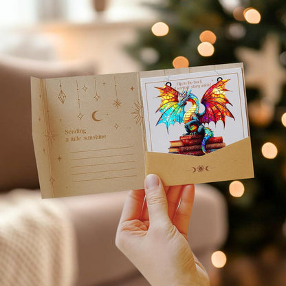 Book Dragon Acrylic Suncatcher Stained Glass Effect Window Car Hanging Christmas Ornament Indoor Outdoor Decor Garden Bookish Sun Catcher Panel for Books Lover for Women Mom Grandma