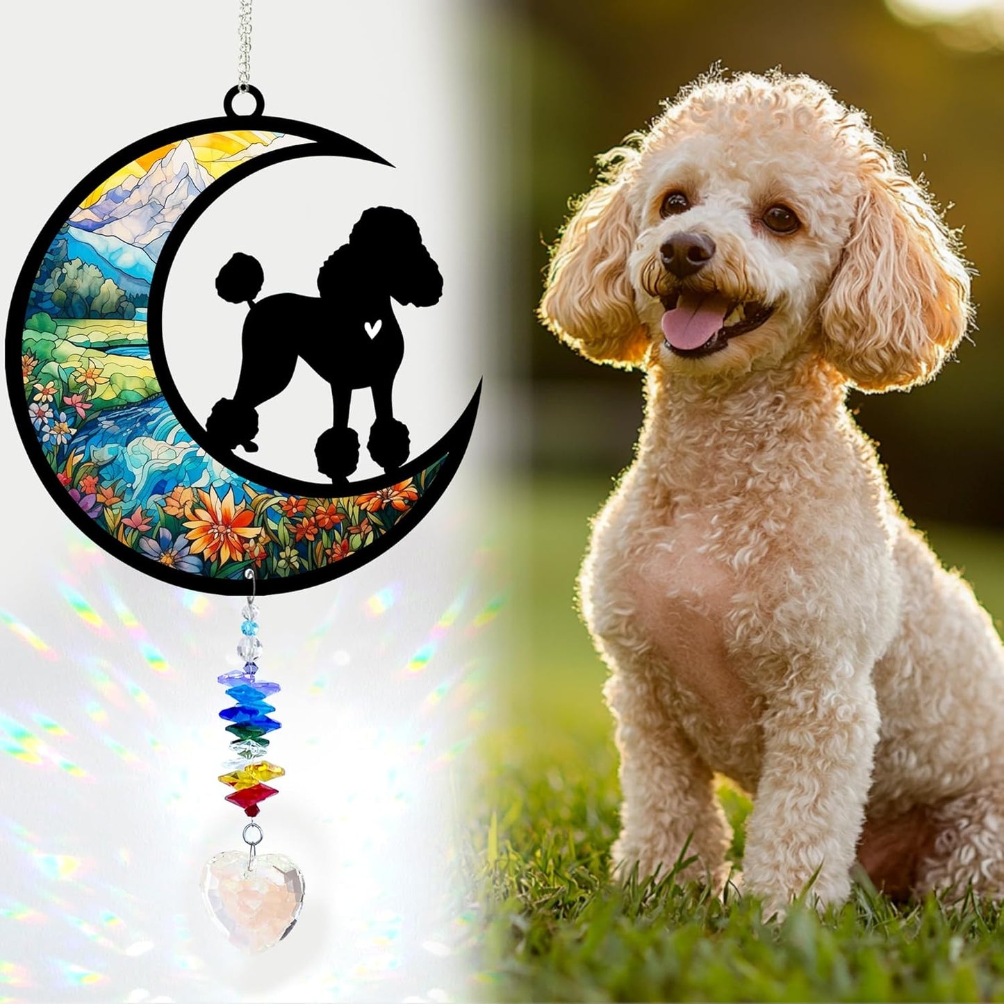 Poodle Suncatcher, Personalized Pet Loss Gift with Name & Date, Heart-Shaped Crystal Sun Catcher, Dog Remembrance Sympathy Rainbow Maker for Window & Garden