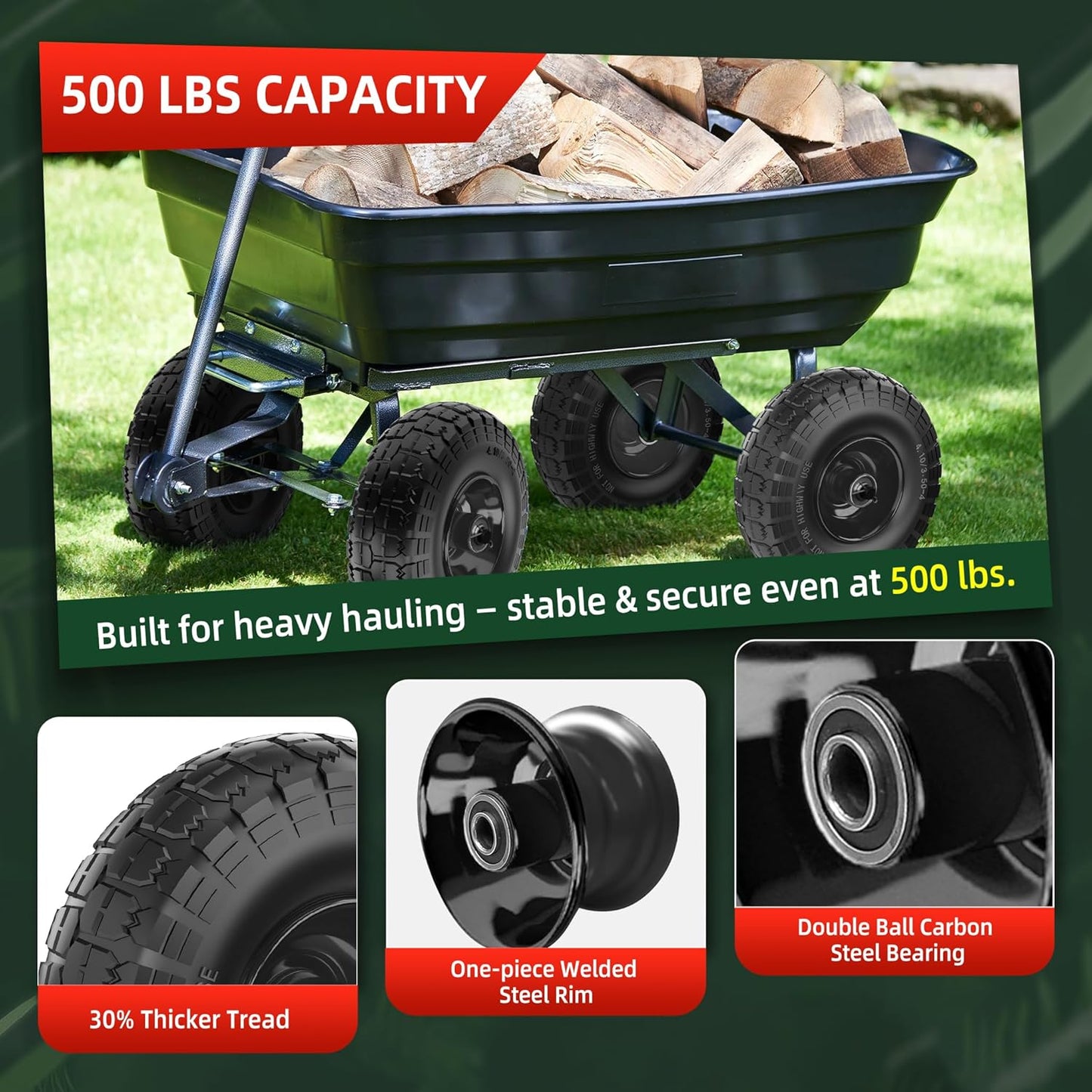 4.10/3.50-4 Tire and Wheel Flat Free,10-Inch Solid Wheel Replacement with 5/8 Bearings,2.2" Offset Hub -Compatible with Hand Truck,Wheelbarrow,Dolly(Black)