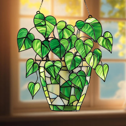 Pothos Acrylic Suncatcher Stained Glass Effect Window Car Hanging Christmas Ornament Indoor Outdoor Decor Garden Sun Catcher Panel Gifts for Nature Lover for Women Mom Grandma