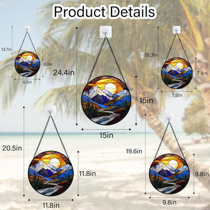 Stained Glass Window Hanging, Yellow Blue Sunset Mountains Scenery Sun Catcher for Window Home Decor Landscape Suncatcher Mother's Day Birthday Gifts for Women Men Mom and Nana 15 in