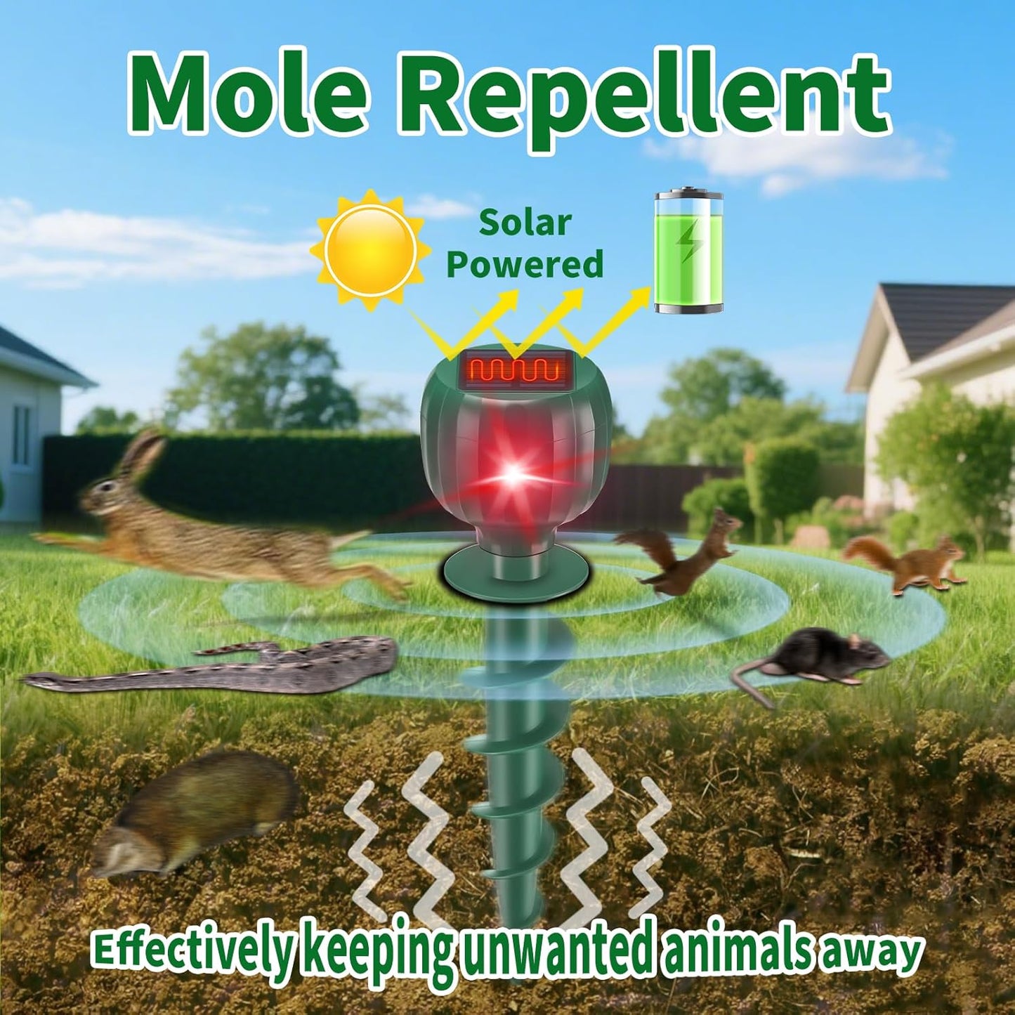8 Pack Solar Powered Mole Repellent for Lawns, Waterproof Gopher Repellent Outdoor Get Rid of Snake Voles Ground Squirrels in Garden, Yard, Lawn