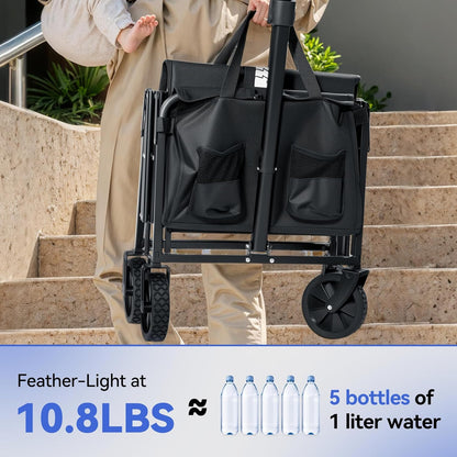 Collapsible Foldable Wagon, Folding Wagon with Wheel Heavy Duty with 180lbs Weight Capacity Lightweight Utility Camping Cart for Groceries Garden Beach Sports Fishing (Black)