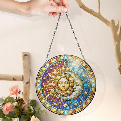 FLAGWIX Christmas Spiritual Gifts for Women Men - Stained Glass Window Hanging 8 in for Sun and Moon Decor - Sun Catchers Indoor Window, Boho Suncatchers for Celestial Decor, Christmas Decorations
