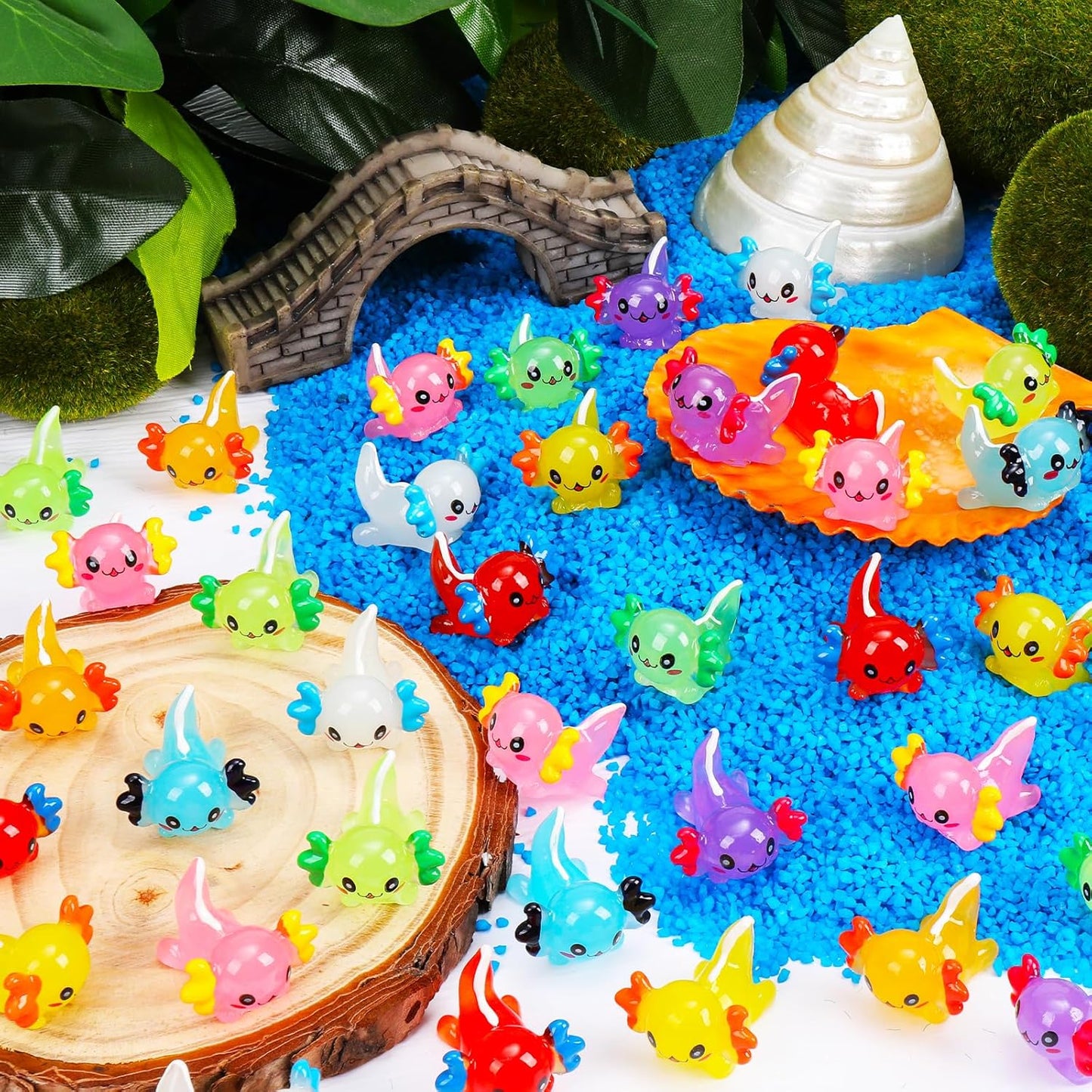 64Pcs Luminous Mini Resin Axolotl 8 Colors Glow in The Dark Small Little Resin Axolot to Hide Bulk Miniature Plastic Animal Figures for Micro Landscape Dollhouse Fairy Garden Aquarium Potted DIY Decor