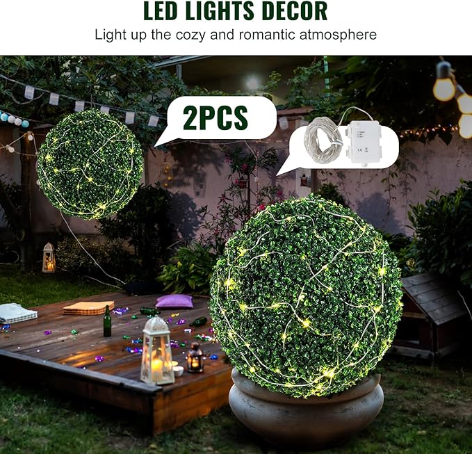 VEVOR 2 Pcs 20” Artificial Plant Topiary Ball, Faux Boxwood Balls with 2 LED Light String, All-Year Green Faux Plant Decorative Balls for Backyard, Balcony,Garden, Wedding and Home Décor