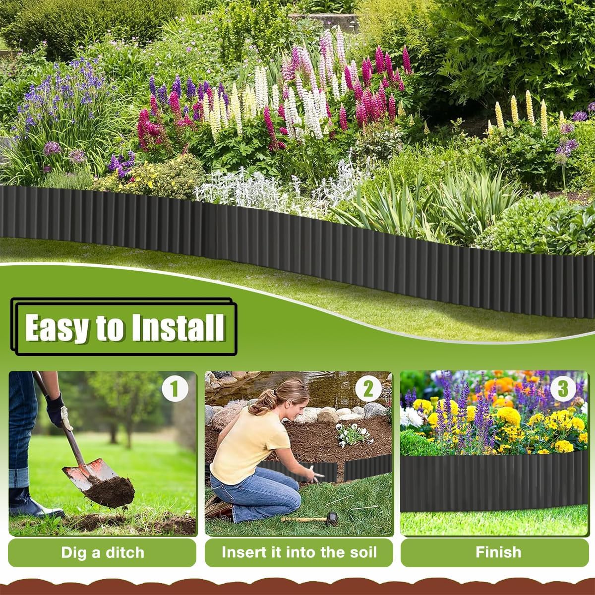 Corrugated Metal Garden Edging 6inch x 40ft, Landscape Edging Border, Flower Bed Edging Borders, Galvanized Edging Long Strips Yard Border for Lawn Edging Borders, Plants, Walkways (Black)