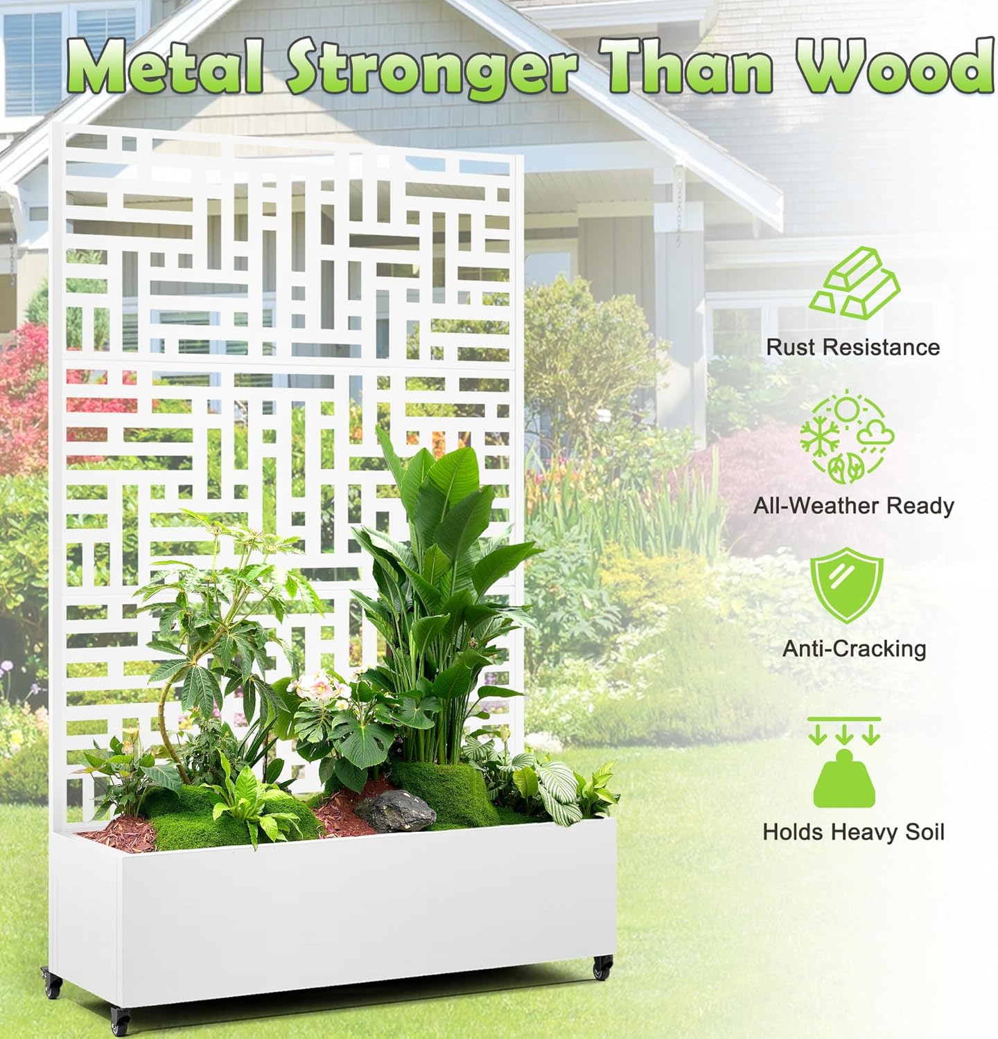 15.7"×70.9"×47.2" Metal Raised Garden Bed with Trellis and Wheels - Tall Trellis Planter Box for Climbing Plants, Vegetables & Vines - Outdoor Privacy Planters for Patio (White-Helen)