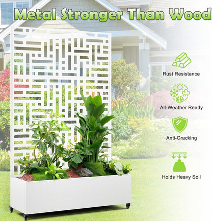 15.7"×70.9"×47.2" Metal Raised Garden Bed with Trellis and Wheels - Tall Trellis Planter Box for Climbing Plants, Vegetables & Vines - Outdoor Privacy Planters for Patio (White-Helen)