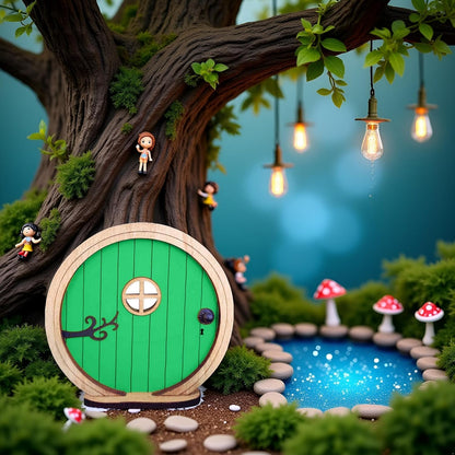 1Pc Fairy Garden Door for Tree, Fairys Doors for Trees Outdoor and Tree Trunk, Mini Fairy Garden Sculpture Lawn Ornament Decor, Fairys Tales Door Decoration，Gardens Miniatures (Green)