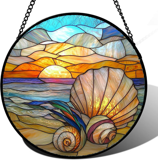 Stained Glass Window Hanging - Colorful Beach Shells Conch Sun Catcher for Door Home Decor Ocean