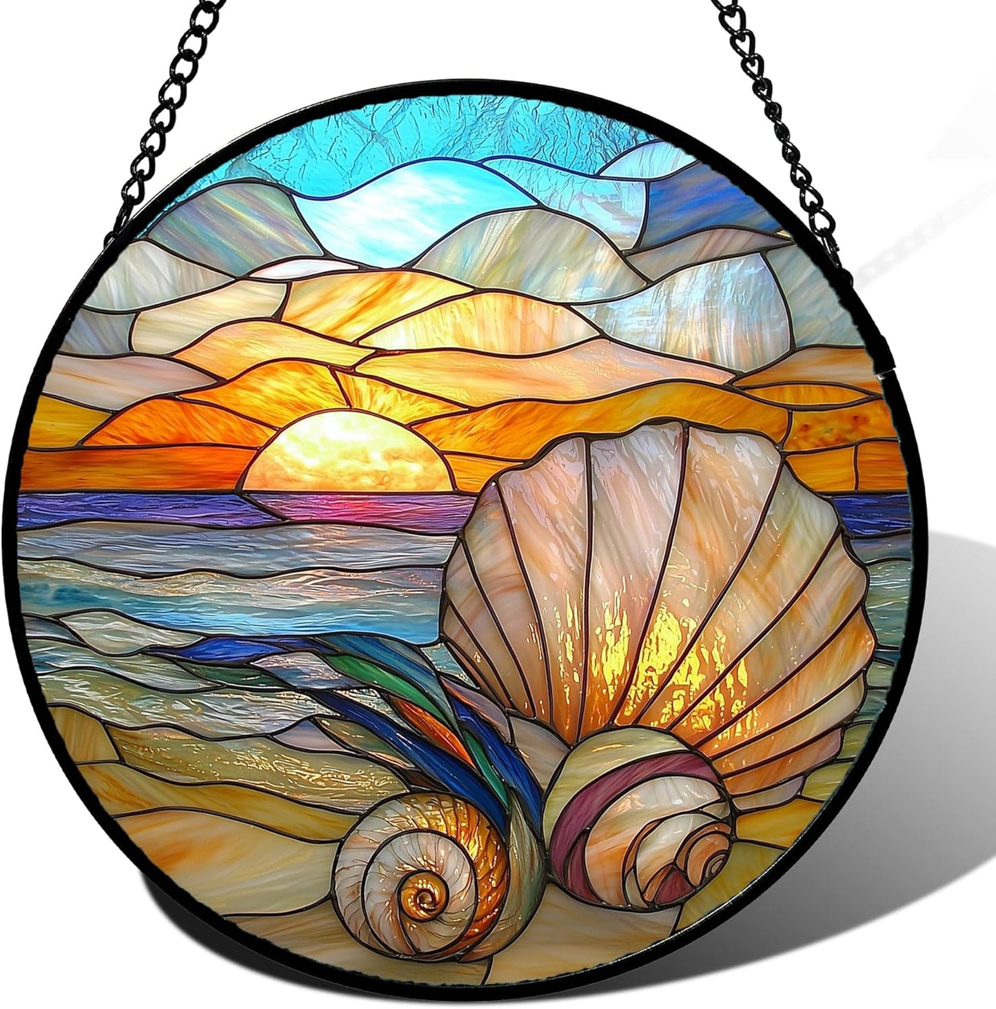 Stained Glass Window Hanging - Colorful Beach Shells Conch Sun Catcher for Door Home Decor Ocean Suncatcher Christmas Mother's Day Birthday Sea Lover Gifts for Women Men Mom Nana 6.3 in