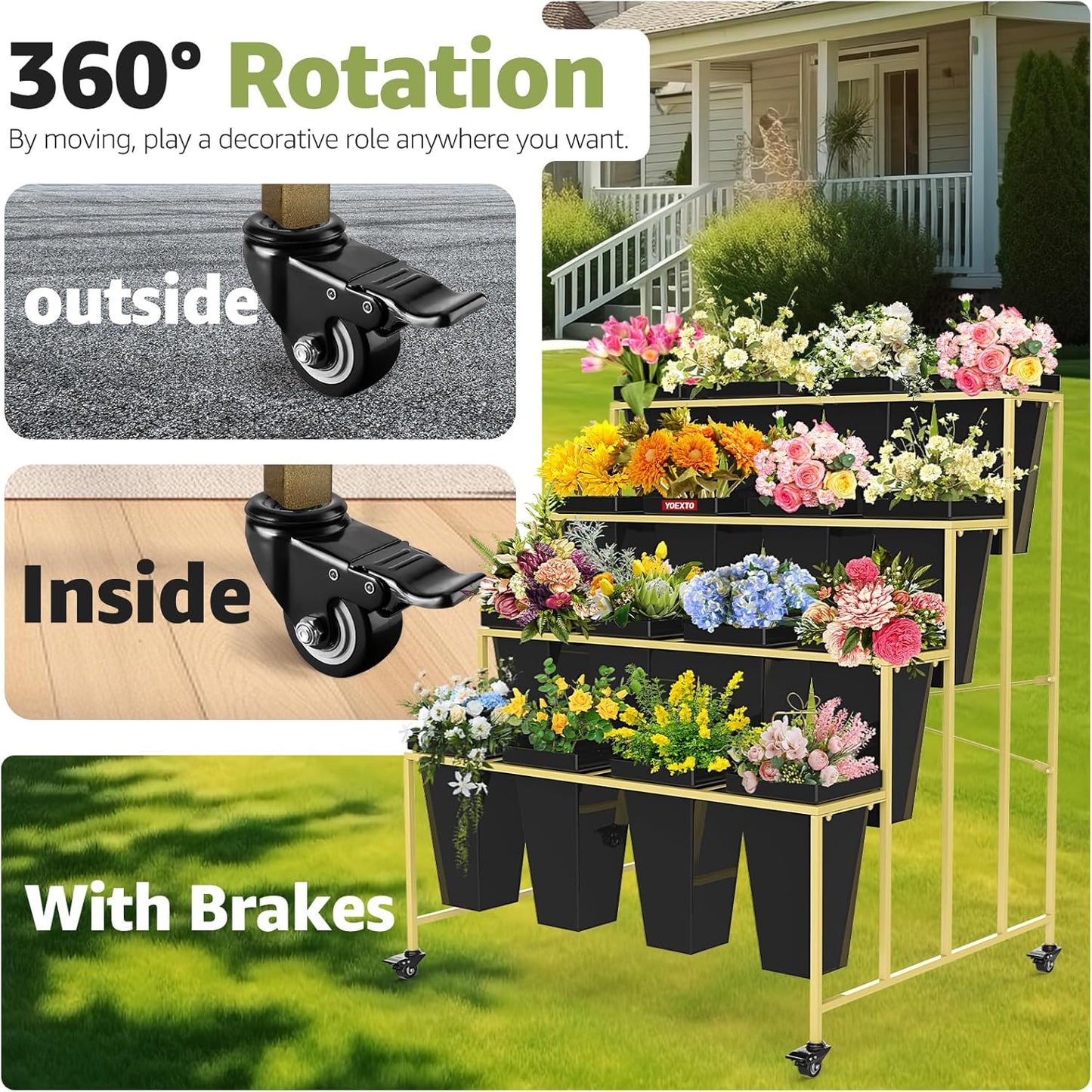 4 Layers Flower Display Stand with Buckets, 16 PCS Buckets Plant Stand with Wheels, Movable Metal Plant Stand for Terrace Garden, Living Room, Florist Shop