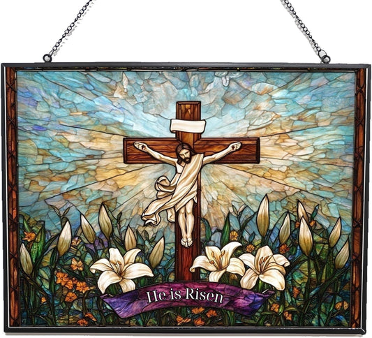 Personalized Rectangle He is Risen Suncatchers for Windows, Stained Glass Window Hangings,Hand-Painted Glass Panel Perfect for Home Décor