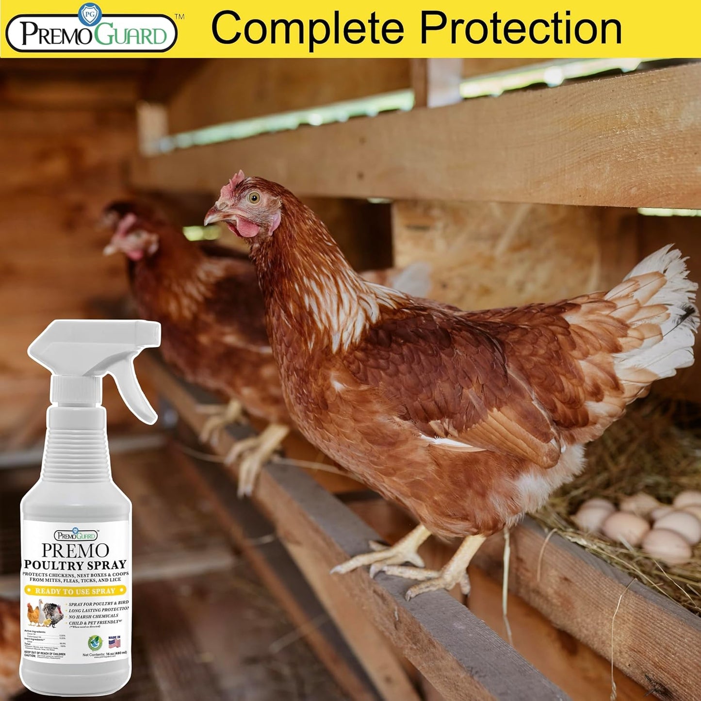 Poultry Spray by Premo Guard – 16 oz – Treat Mites, Fleas, Flies, and Lice – Effective Plant Based – Chicken, Turkey, Waterfowl, and Birds – Best Natural Protection for Control & Prevention