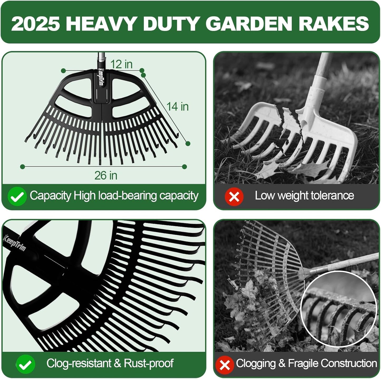 Adjustable Leaf Rake 30-65 Inch – 30 Tines Garden Rakes with Non-Slip Handle&Quick-Detach Head Lightweight Yard Rake for Wet Leaves, Pine Needles, Gravel