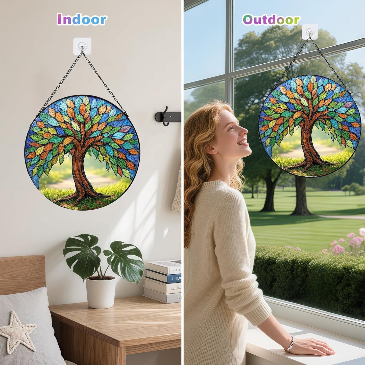 Stained Glass Window Hanging – Colorful Tree of Life Sun Catcher Round Glass Panel, Vibrant Window Decor Suncatchers for Windows Hanging Gift for Women, Mom, Wife, Friends (12 Inch)