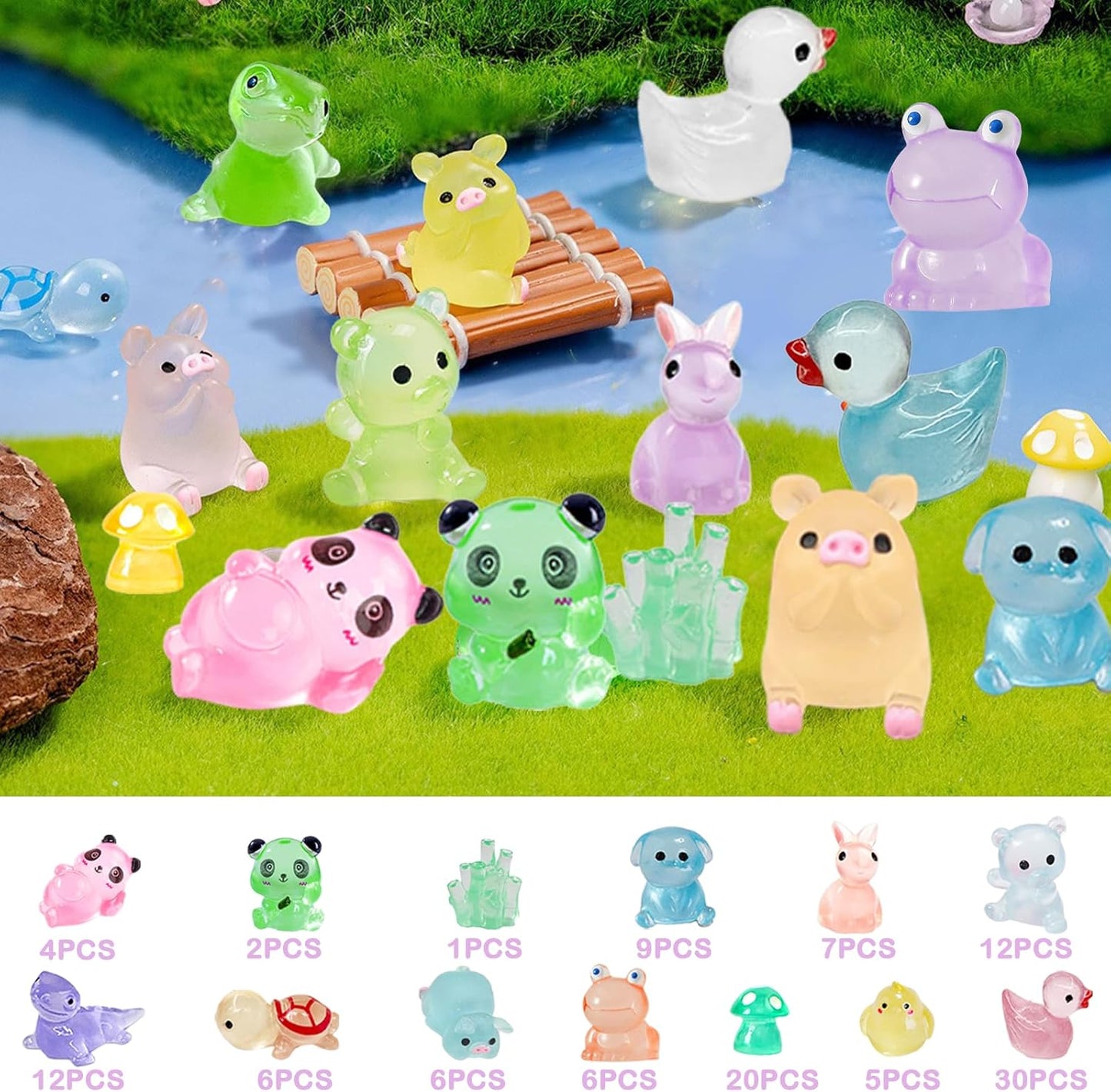 120 Pcs Luminous Mini Resin Animals 12 Styles Glow in The Dark Mini Ducks Pigs Frogs Turtles Chicks Rabbit Puppies Lizards Micro Landscape Decorations for Fairy Garden Landscape Dollhouse Decor Crafts