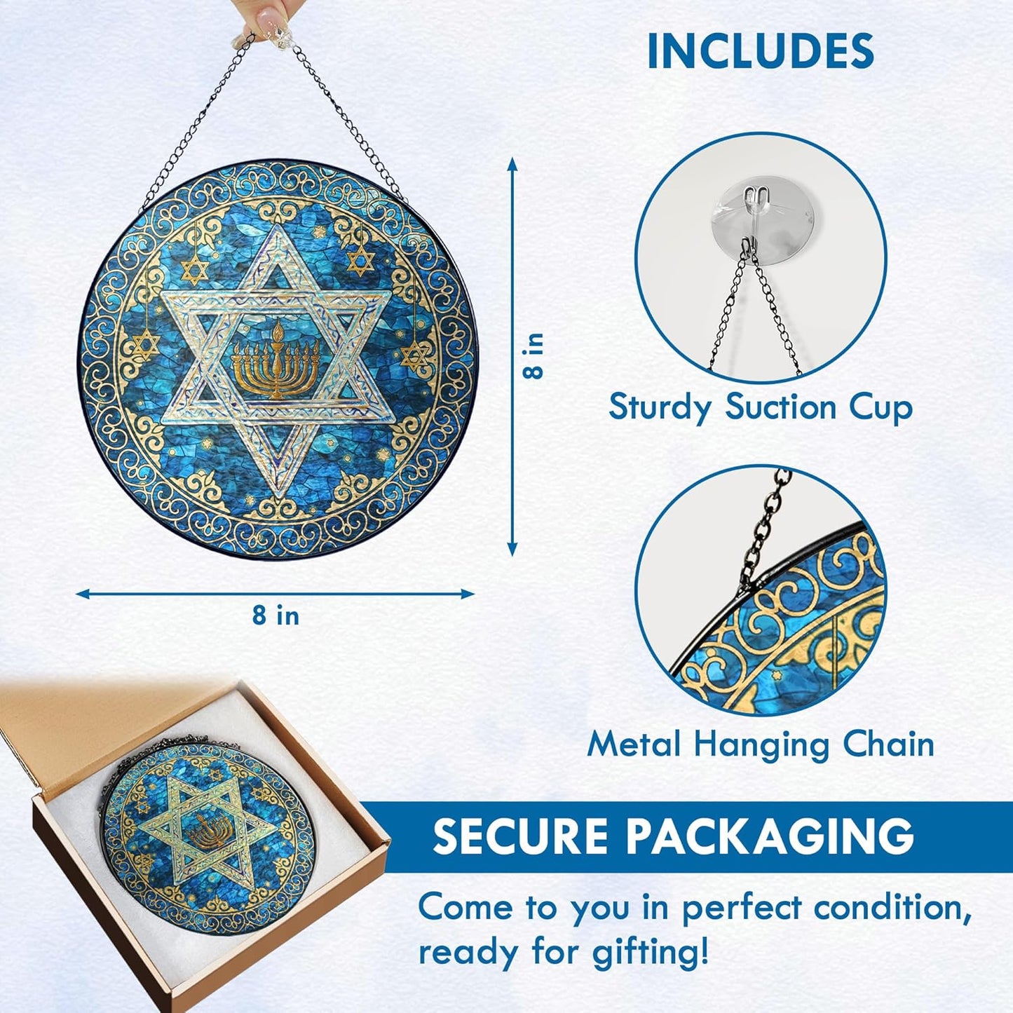 FLAGWIX Christmas Hanukkah Gifts for Women Men - Stained Glass Window Hanging 8 in - Christmas Decorations for Home Indoor Window, Religious Spiritual Gifts for Mom, Hanukkah Sun Catcher Hanging Decor
