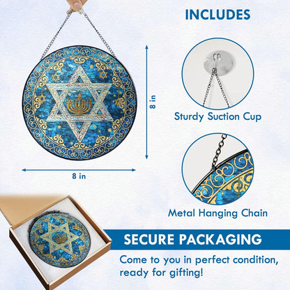 FLAGWIX Christmas Hanukkah Gifts for Women Men - Stained Glass Window Hanging 8 in - Christmas Decorations for Home Indoor Window, Religious Spiritual Gifts for Mom, Hanukkah Sun Catcher Hanging Decor