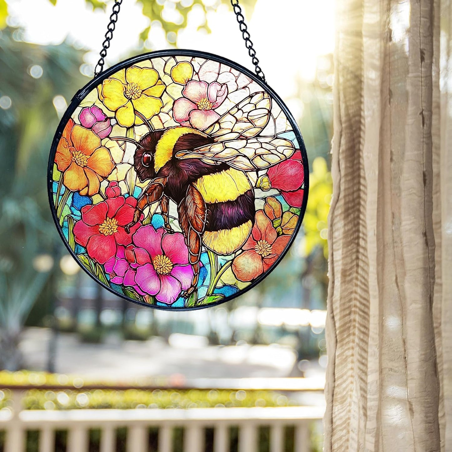 kdqua Bee Floral Suncatcher Stained Glass Window Hanging, Colorful Floral Bumblebee Sun Catchers Indoor Window Glass Round Wall Decor, Bee Wall Art Hanging Decorations Statues, 7.9x7.9in