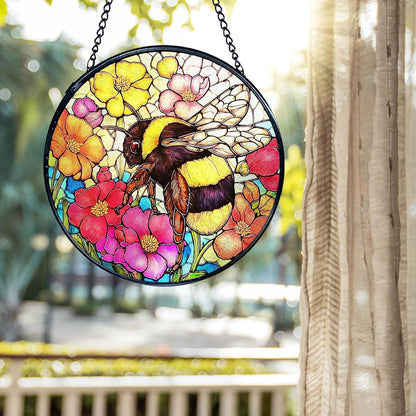kdqua Bee Floral Suncatcher Stained Glass Window Hanging, Colorful Floral Bumblebee Sun Catchers Indoor Window Glass Round Wall Decor, Bee Wall Art Hanging Decorations Statues, 7.9x7.9in