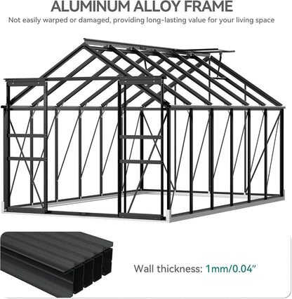 YITAHOME 12x8FT Polycarbonate Greenhouse Large Heavy Duty Green Houses Outdoor Aluminum Greenhouses with Sliding Doors Vent Window Walk-in Greenhouse for Garden Backyard, Black