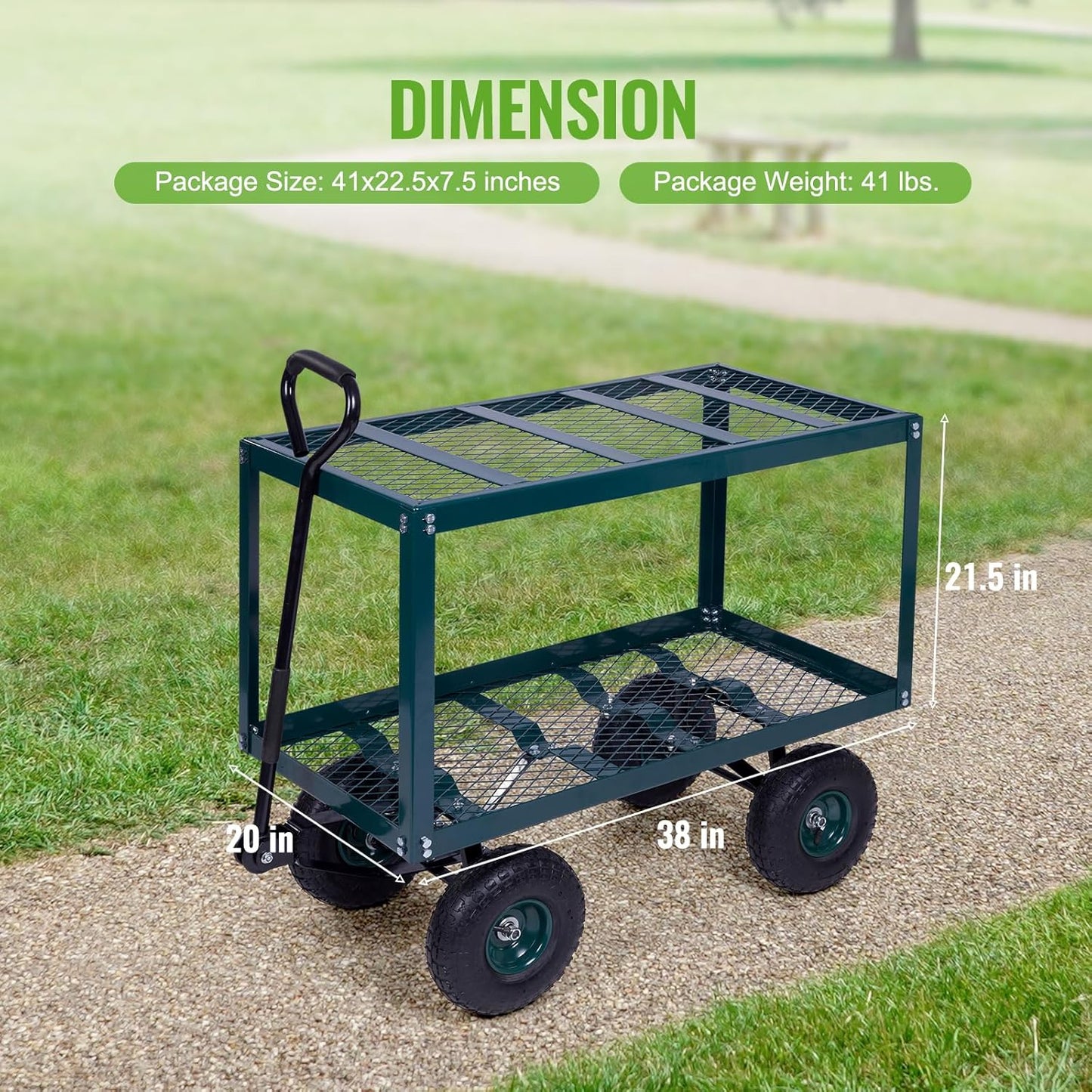 Backyard Expressions 2-Tier Heavy Duty Steel Garden Cart with Mesh Shelves and Pneumatic Wheels – Utility Wagon for Lawn, Yard, Landscaping & Outdoor Projects