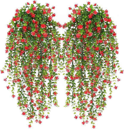 WEISPARK Artificial Hanging Flowers, 4pcs Fake Eucalyptus Vine Faux Flower Greenery Garland Plastic Plants for Indoor Outdoor Wall Garden Wedding Home Party Decor