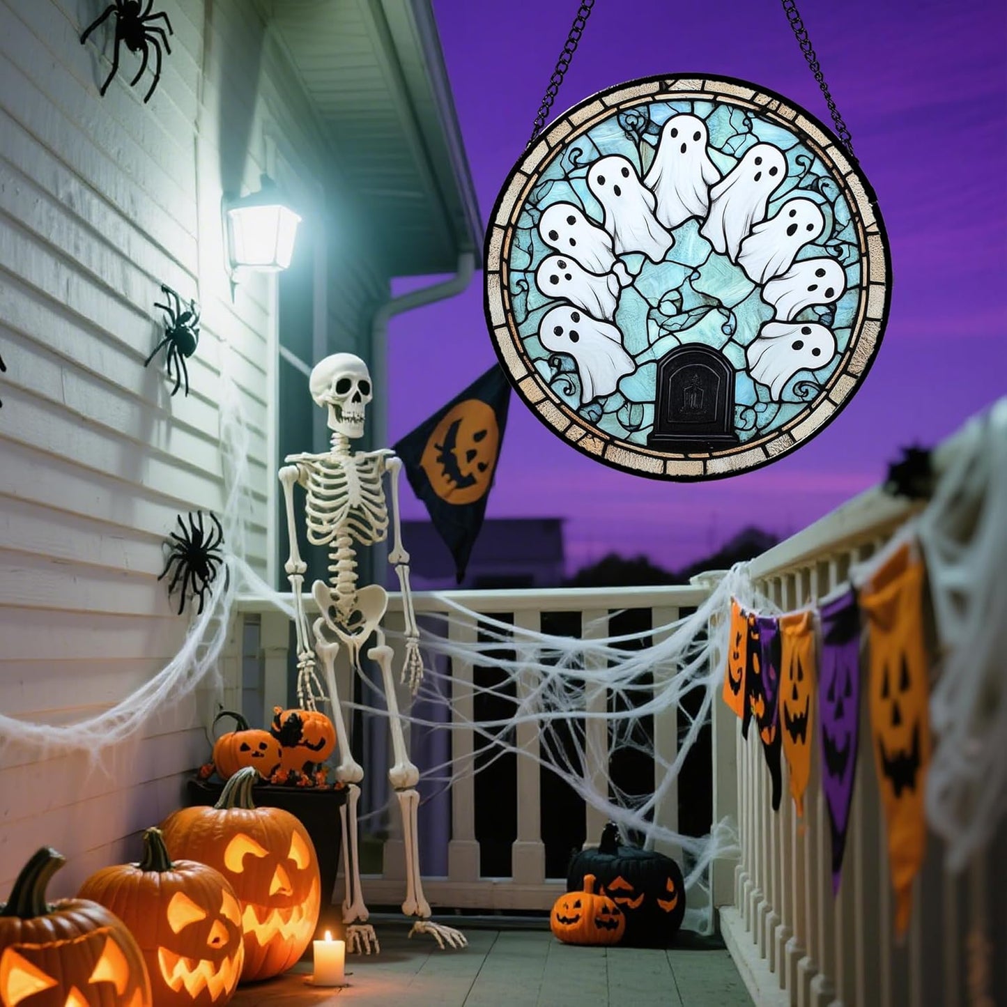 Stained Glass Window Hanging - Halloween Decorations Ghosts Tombstones Suncatcher for Doors Garden Indoor Spooky Funny Sun Catchers Gothic Decor Horror Gifts for Women Men Friend 7.8 in