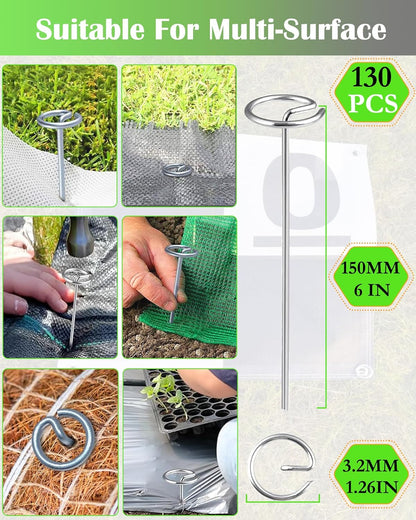 130 PCS Landscape Fabric Pins + Pick Hook, 6-Inch Galvanized Circle Top Landscape Staples - Steel Weed Barrier Stake, Grip Than U-Shape Yard Staples, Garden Stakes for Plant Cover, Lawn, Fence, Ground