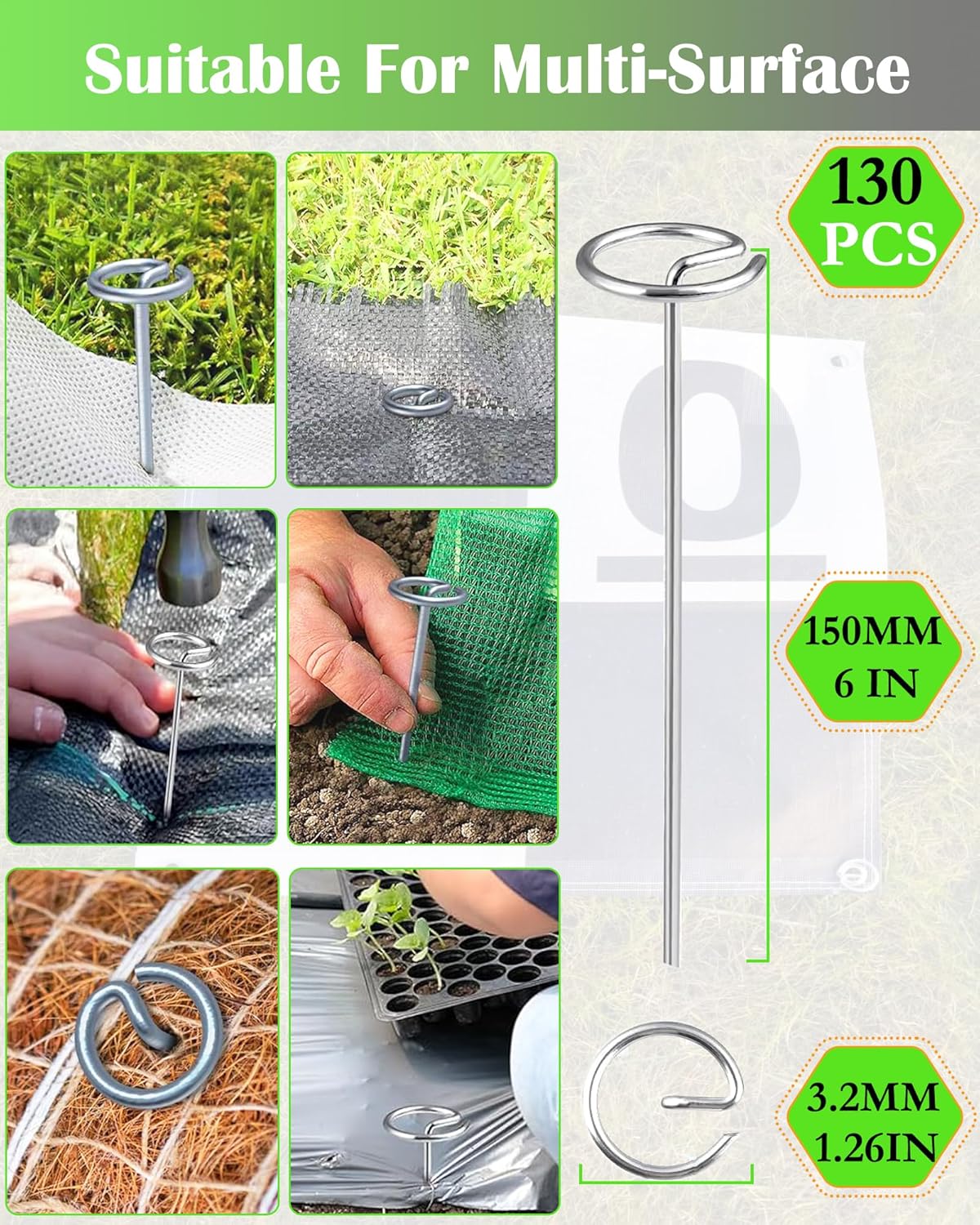 50PCS Landscape Staples + 1 Pick Hook, 6-Inch Yard Stakes, Galvanized Circle Top Landscape Fabric Pins, Grip Than U-Shape Weed Barrier Stake, Metal Garden Staple for Plant Cover/Lawn/Fence/Tent/Ground