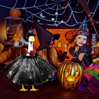 Halloween Porch Goose Outfits and Goose Clothes Fits 23" Plastic Cement Statues, Black Goose Outfit Costume with Rose Necklace for Outdoor Patio Yard Lawn Party