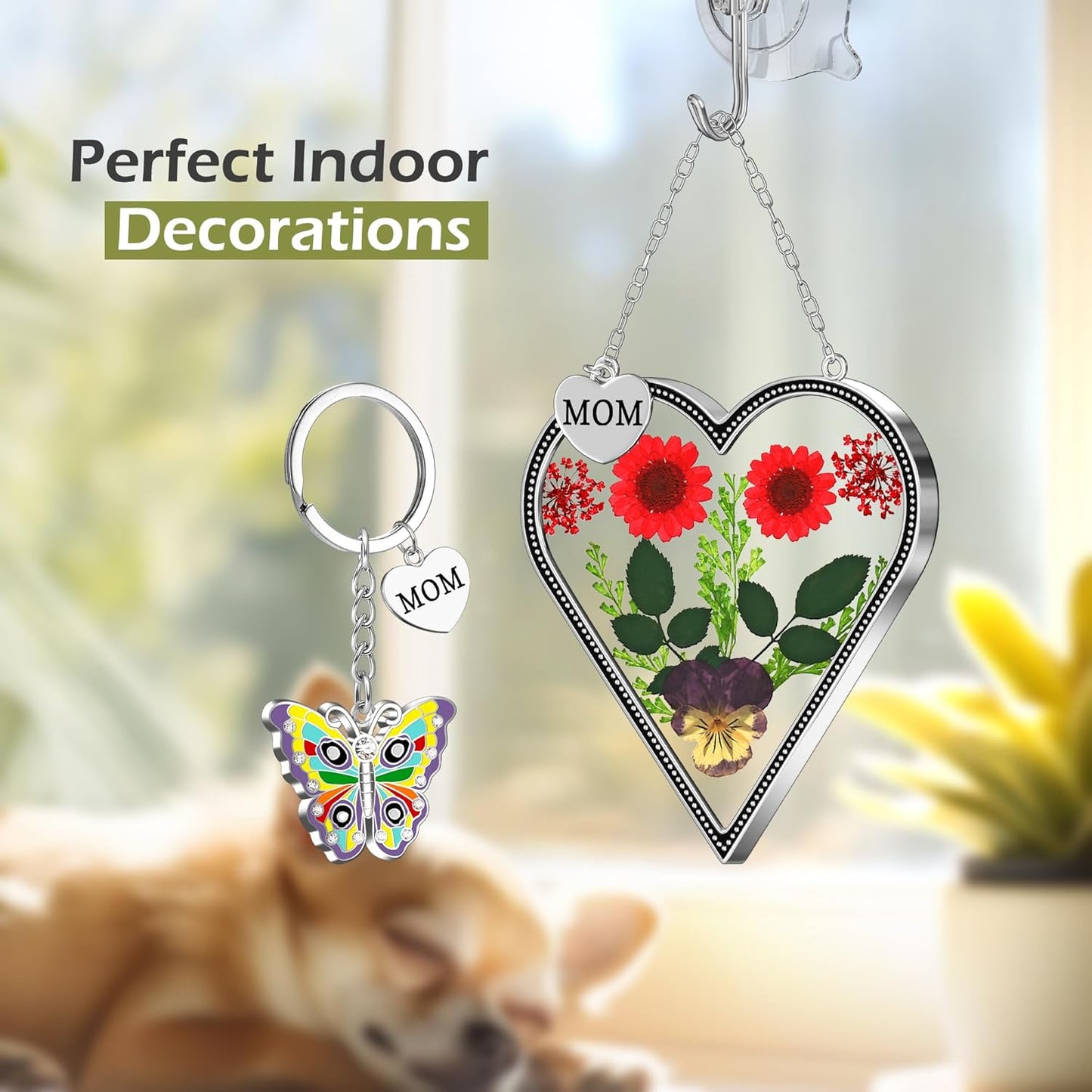 KY&BOSAM Heart Suncatcher for Windows Hangings Mom Stained Glass Butterfly Suncatchers Pressed Flower Between Heart in Glass and Metal Charm Gifts for Mom Mother's Day Valentine's Birthday Christmas