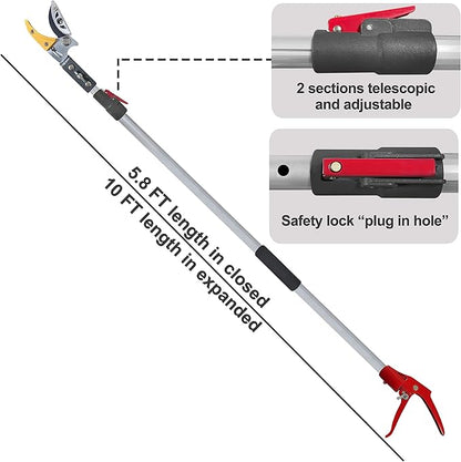 Telescopic Tree Trimmer 5.8-10 FT with 2 Section, 4 Node Adjustable, Cut and Hold Pruner, Pole Saw Extendable, Long Handle Fruit Picker, Branch Cutter, Loppers, Clippers With Hook