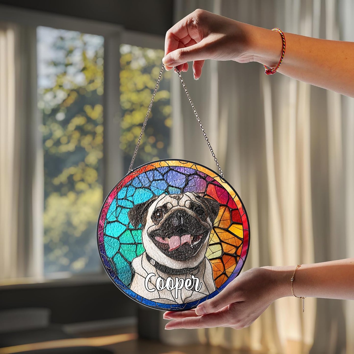 Pet Stained Glass Suncatcher Personalized Custom Name Pet Photo Ornament Window Hanging Home Decor Sympathy Gift for Loss of Pet Dog Cat Memorial Keepsake Remembrance Gift for Dog Lovers