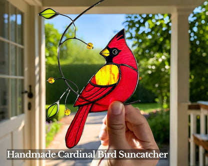 Red Cardinal Stained Glass Bird Suncatcher for Mom, Grandma, Women - Real Glass Window Hanging Ornament - Handmade Bird Lover Home Decor (Gifts Ready Packaging)