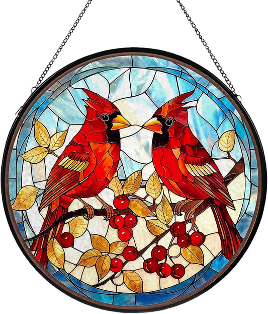 Red Cardinal Stained Glass Window Hanging, Hummingbird Suncatcher Diamond Glass Panel Hangings
