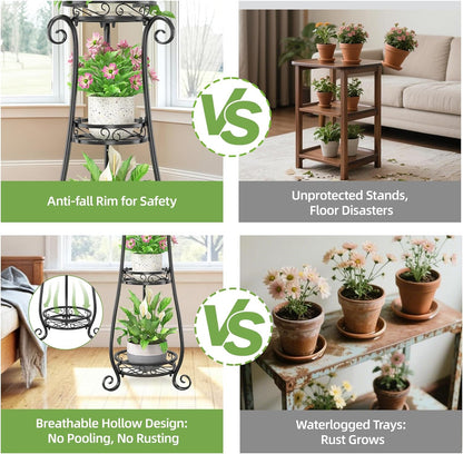 iDavosic.ly 3 Tier Metal Plant Stand Indoor Outdoor, Wrought Iron Corner Tall Flower Pot Holder Shelf, 34 Inch Vertical Heavy Duty Display Rack for Patio Porch Living Room Garden, Black