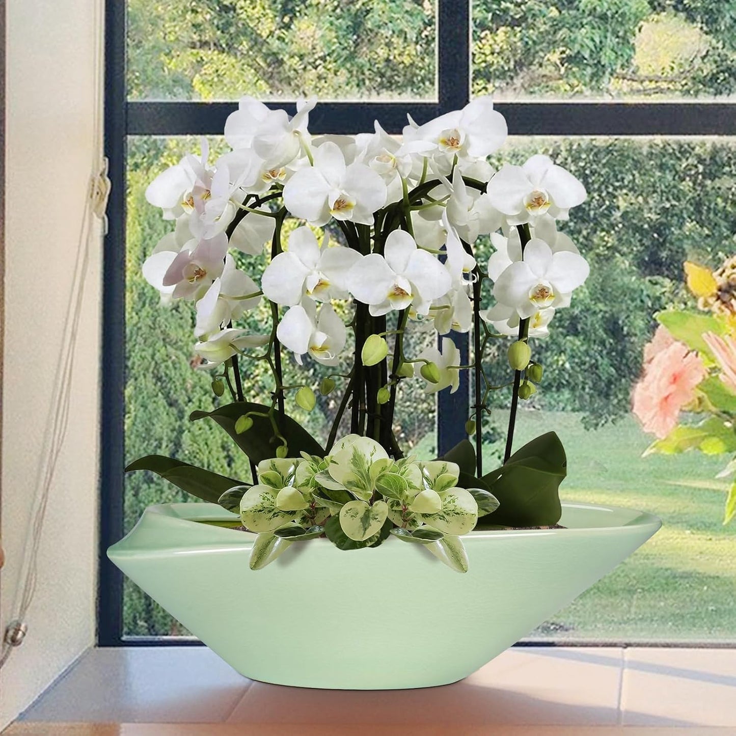 Ceramic Bonsai Pot - 18 Inch Planter with Drainage Hole Large Modern Bonsai Planter Decorative Succulent Flower Plant Pot for Indoor Plants Outdoor Green