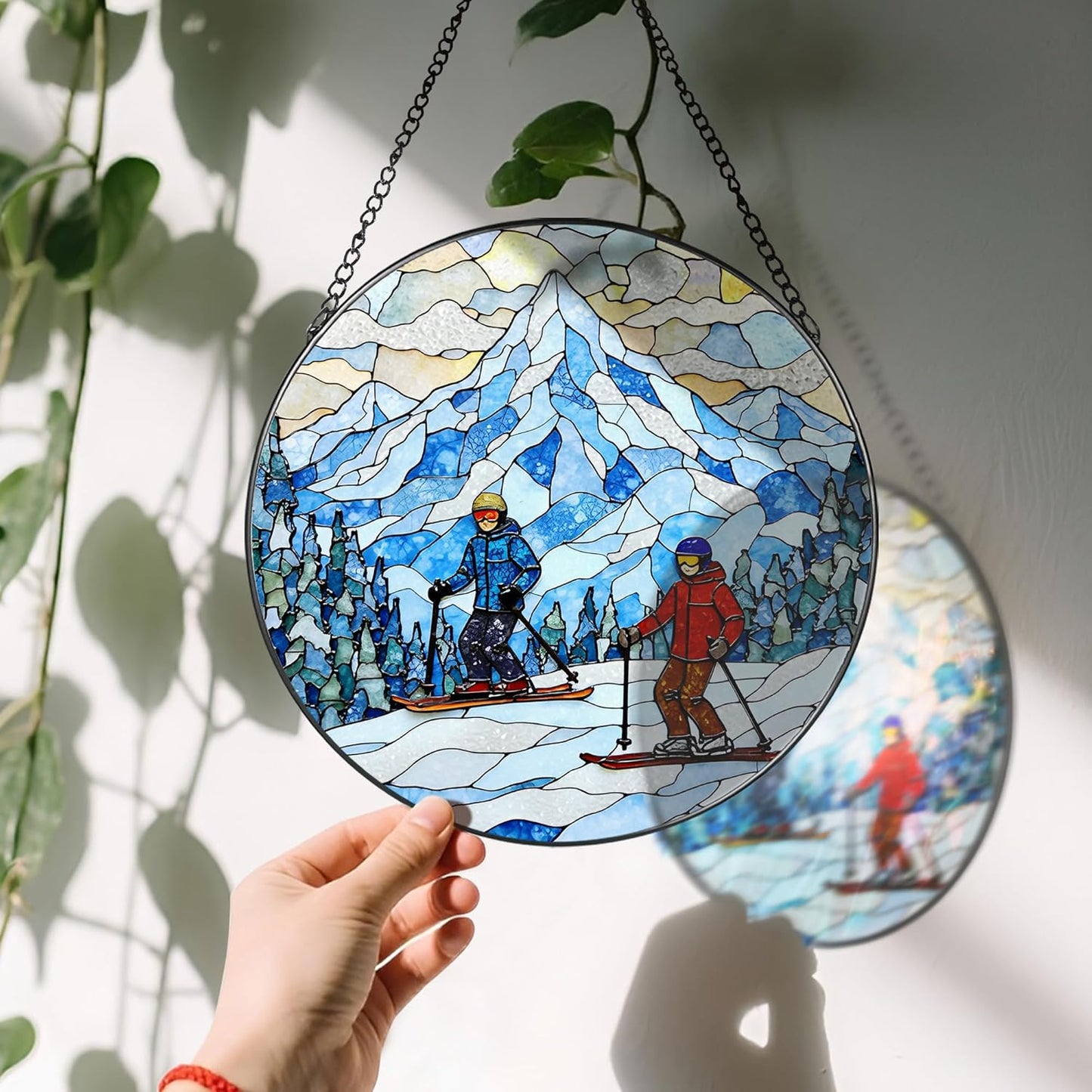 8'' Snowy Mountain Skiers Sun Catcher Ornament, Stained Glass Window Hanging, Sun Catchers for Windows Hanging Ornaments, Window Decor | Ideal Gift, Gift Exchange, Gifts for Skiers