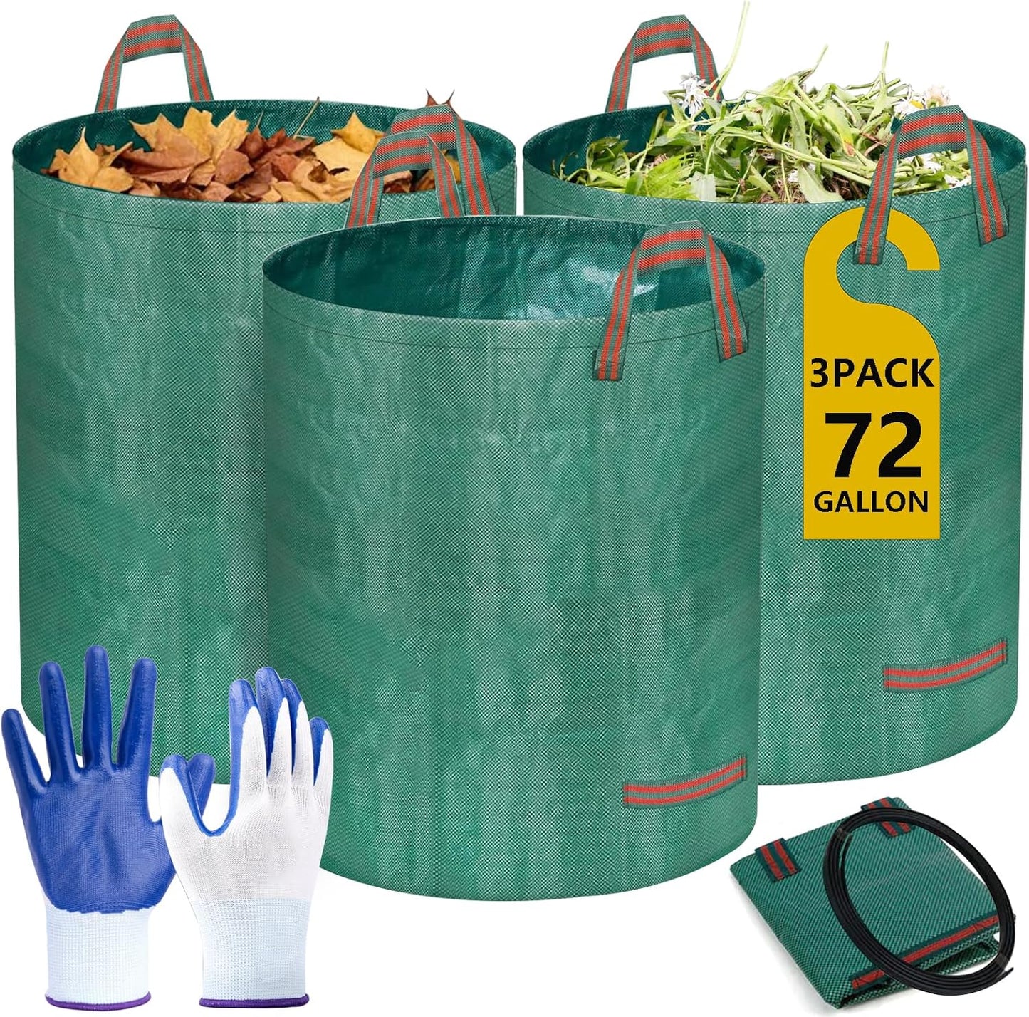 Reusable Yard Waste Bags, 72 Gallon Lawn and Leaf Bags 3 Pack with Reinforced Handles and Gardening Gloves, Heavy Duty Standable Garden Waste Bags for Leaves, Grass, Camping, Recycling