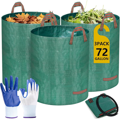 Reusable Yard Waste Bags, 72 Gallon Lawn and Leaf Bags 3 Pack with Reinforced Handles and Gardening Gloves, Heavy Duty Standable Garden Waste Bags for Leaves, Grass, Camping, Recycling