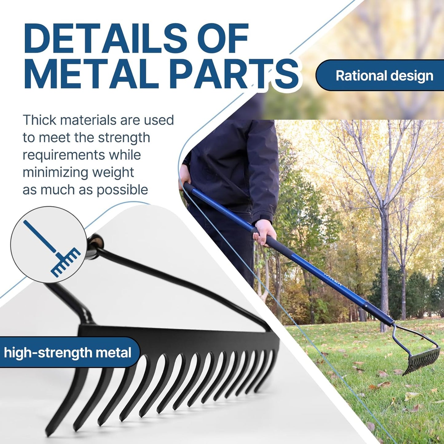 WIKER 14 Tine Metal Garden Rake 57 Inch Heavy Duty Lawn and Soil Leveling Rake with Fiberglass Handle Anti Rust Coating for Gardening Mulch Gravel and Leaf Cleanup